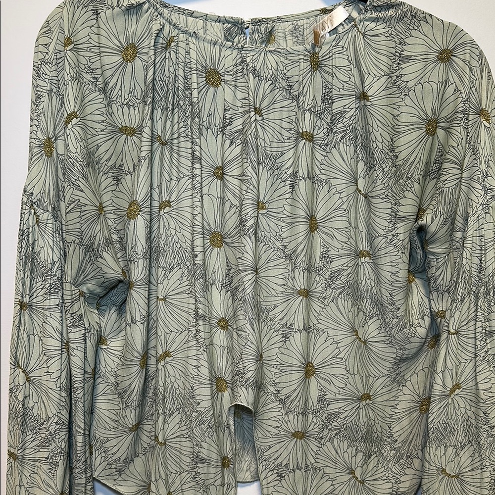 Wayf Gray Green Pleated Tie Front Blouse